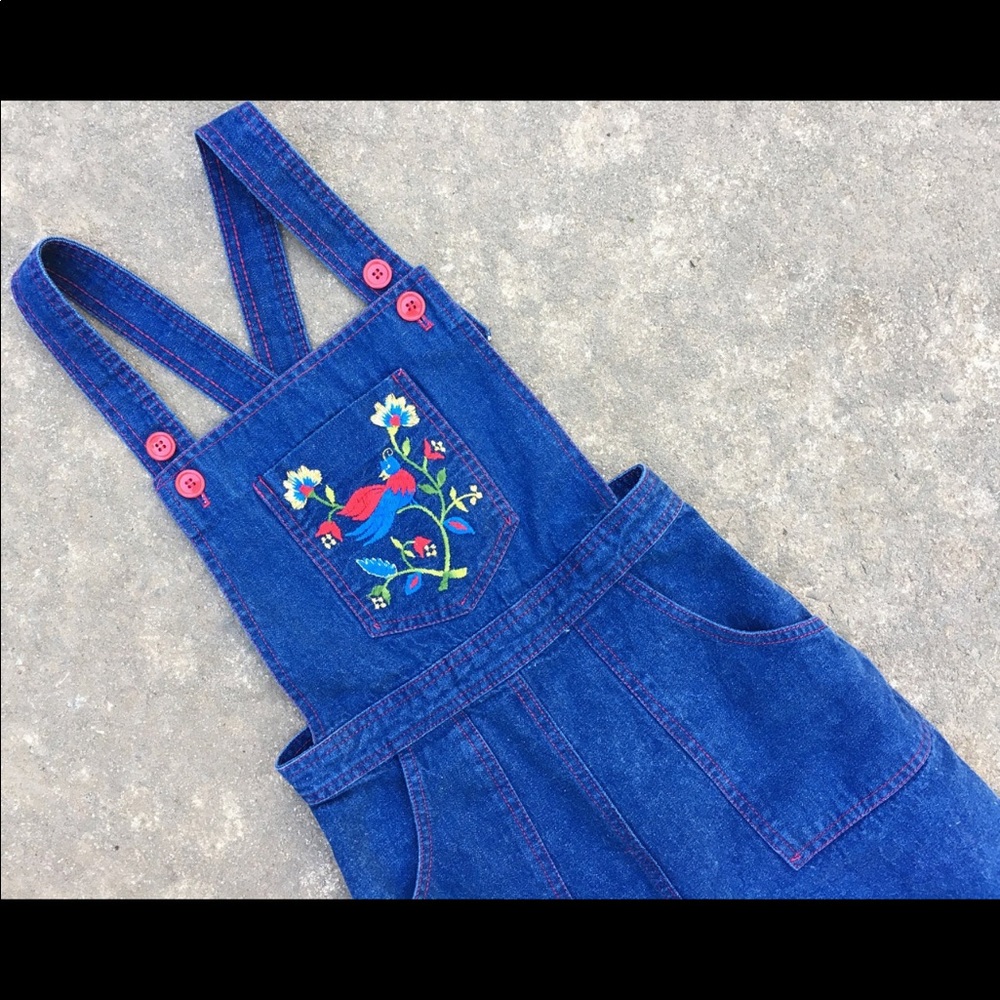 70s High Waisted Bird Floral Denim Overalls XS - Picture 3 of 5